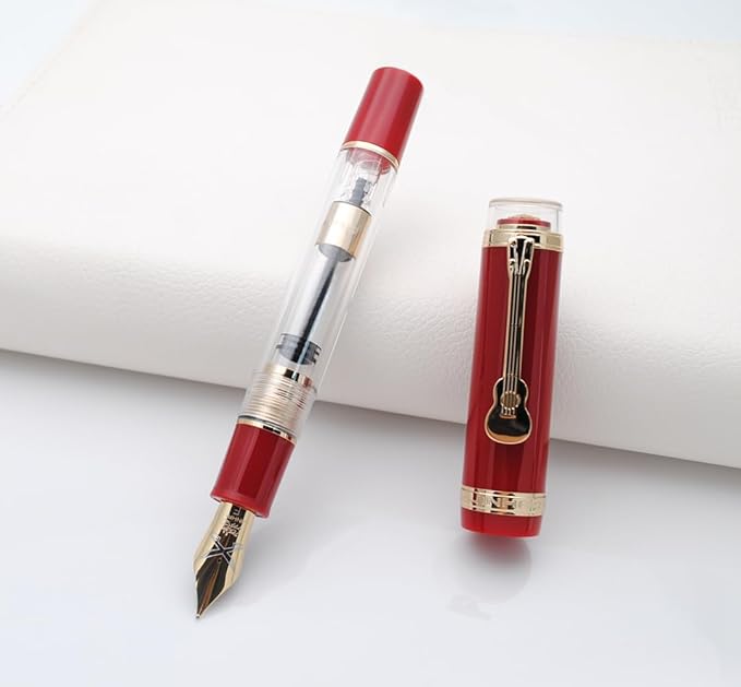 JINHAO 1935 Fountain Pen TIANDAO Series #8 Nib Ink Pen with Guitar-Shaped Clip and Ink Converter (F Nib 0.5mm, Red)