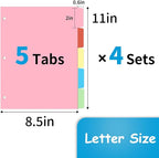 Binder Dividers for 3 Ring Binder, 1/5 Cut Tabs, Letter Size, Blank Write On Page Dividers with 5 Big Tabs for School Office Home, 4 Sets, 20 Dividers, Colorful