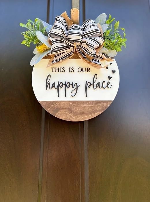 Wood front door sign Wood sign Home decor Welcome sign Sign for front door House warming gift Wedding gift (Happy place-DS001(A6) S003, 18" Width)