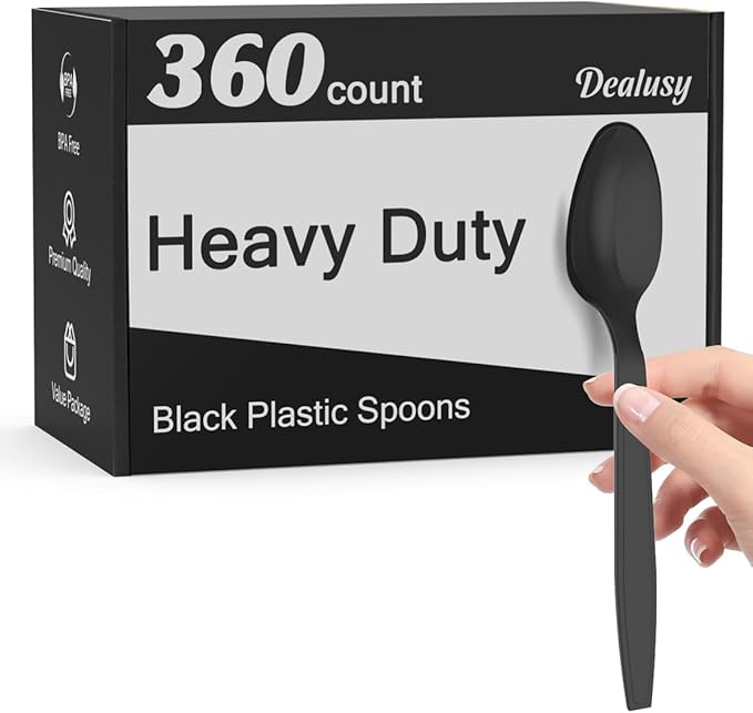 Dealusy 360 Count Black Plastic Spoons Disposable, BPA-Free, Heat Resistant, Solid and Durable Disposable Spoons Heavy Duty Bulk, Premium Spoons plastic disposable for Party Supply