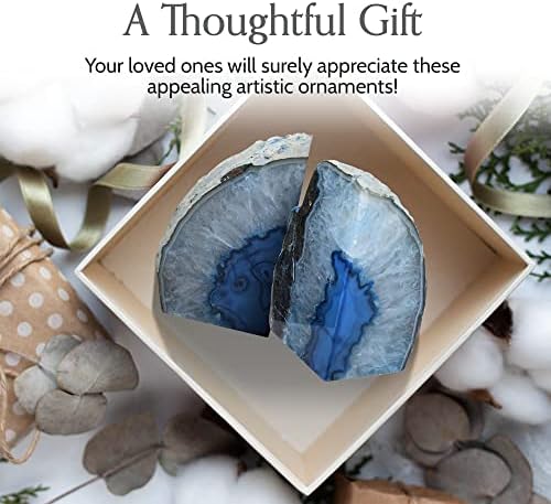 Nature's Decorations Blue Agate Bookends – A+ Grade Geode Heavy Duty Decorative Stone Crystal for Shelves & Bookcases, Natural Polished Bookshelf Decor, 1 Pair 4-6Lbs