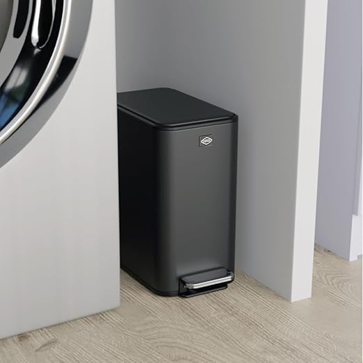 Clorox Slim Trash Can - 2.6 Gallon (10 Liter) Small Metal Trash Can with Soft Close Lid, Step Pedal, Removable Bucket - Black Stainless Waste Bin for Narrow Spaces, Bathroom, and Office