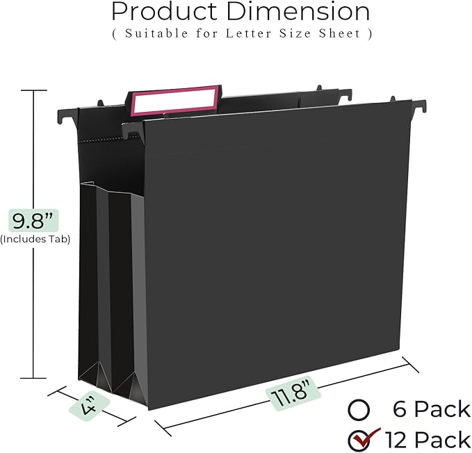 Y YOMA Plastic Extra Capacity Hanging File Folder, Letter Size, 4” Expansion, 12 Pack Black Reinforced Expanding Hanging Folders with Tabs, Heavy Duty Waterproof Accordion for Bulky Files