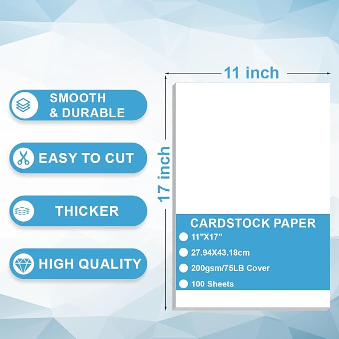 Cardstock Paper - Plain Heavy White Stock, Cover Stock Paper, 75lb(200 gsm) Cover Stock Paper, 11" x 17", 100 Sheets, Cardstock Paper for Printer, Resume, Scrapbooks, Art, Crafts, Business Cards