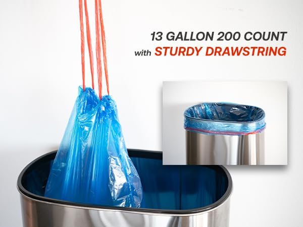 Emergiene 13 Gallon Recycling Trash Bags, 200 Count Drawstring Tall Kitchen Garbage Bags, Pre-Separated, Unscented, Ultra Strong, Leakproof, Sturdy, Translucent Blue