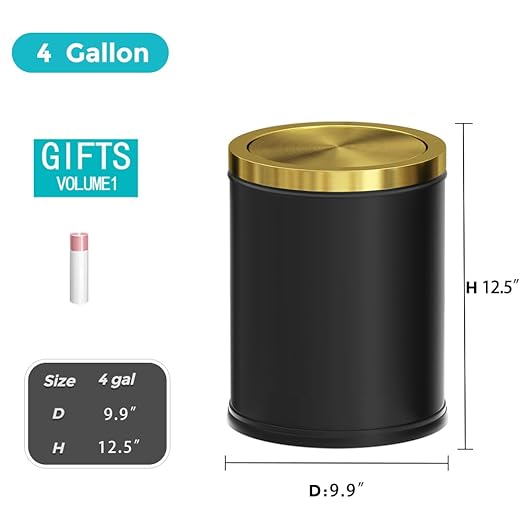 YOJIA 4 Gallon Black Gold Bathroom Trash Can, Stainless Steel Waste Basket, Large Capacity Garbage Can, for Bedroom Kitchen Office Hotel (Black)