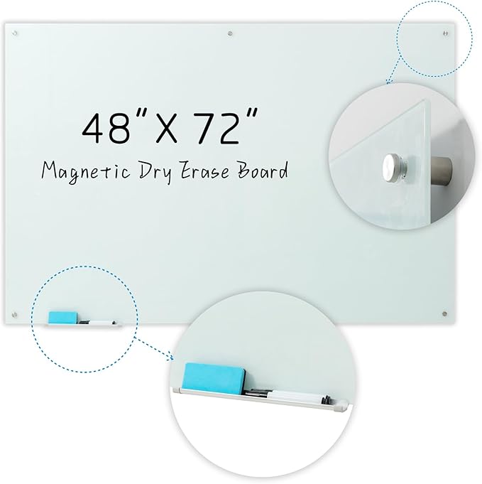 Gooderboard Glass Magnetic White Board – 72 x 48 Inches Dry Erase Frameless Whiteboard for Wall, Large Writing Board Wall Mounted Glass Board for Display, School and Business Office