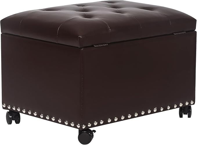 Decent Home Leather Storage Ottoman Bench with Steerable Rolling Wheels, Rectangle 24 Inch Foot Rest Ottomans Stool for Living Room Bedroom (Vintage Brown)