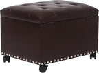 Decent Home Leather Storage Ottoman Bench with Steerable Rolling Wheels, Rectangle 24 Inch Foot Rest Ottomans Stool for Living Room Bedroom (Vintage Brown)