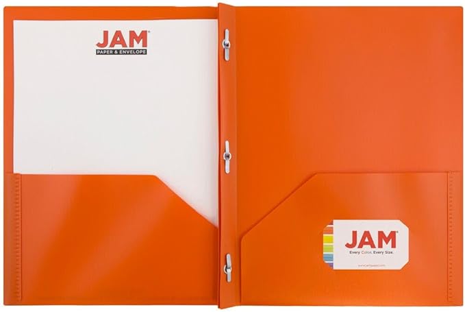 JAM PAPER Plastic Color Pop Folders - 2 Pocket Durable Folders with Metal Prongs Fastener Clasps - Orange - 3/Pack