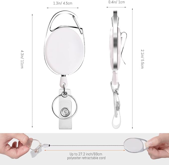 Retractable Badge Holder with Carabiner Reel Clip and Key Ring for ID Card Key Keychain Holders White 10 Pieces