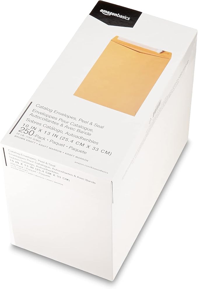 Amazon Basics Catalog Mailing Envelopes, Peel and Seal, 10x13 Inch, Brown Kraft, 250-Pack