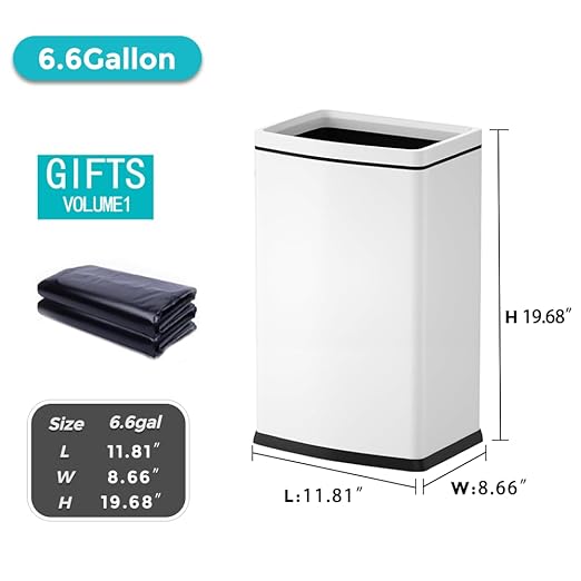 YOJIA 6.6 Gallon/25L Stainless Steel Square Trash Can, Large Capacity Kitchen Garbage Can, Business Trash Bin, Tall, Elegant, White Waste Basket, for Home, Office, Hotel (25LWhite)