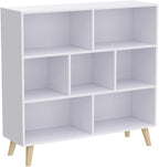 IOTXY Wooden Open Shelf Bookcase - 3-Tier Floorstanding Display Cabinet Rack with Legs, 7 Cubes Free Standing Bookshelf, Warm White