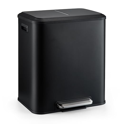 MilleLoom 30L/8 Gallon Trash Can - 2 x 4 Gal Dual Compartment Stainless Steel Kitchen Recycling Trash Can, Soft-Close Lid, Removable Plastic Inner Bucket, Double Waste Bin for Home Office - Black