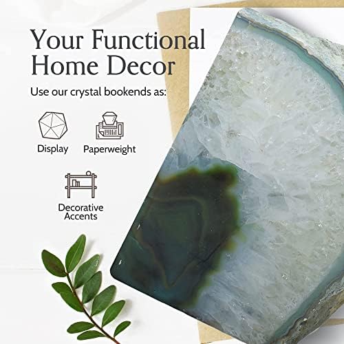 Nature's Decorations Agate Bookends - A+ Quality Green Geode with Non-Skid Rubber Bumpers for Shelves, Office, Home Decor, Heavy Duty Cute Stone (3-4 LB)