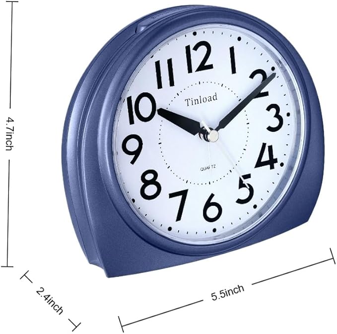 Tinload 5.5" Large Analog Alarm Clock Silent Non Ticking, Gentle Wake, Beep Sounds, Increasing Volume, Battery Operated Snooze and Manual Light, Blue