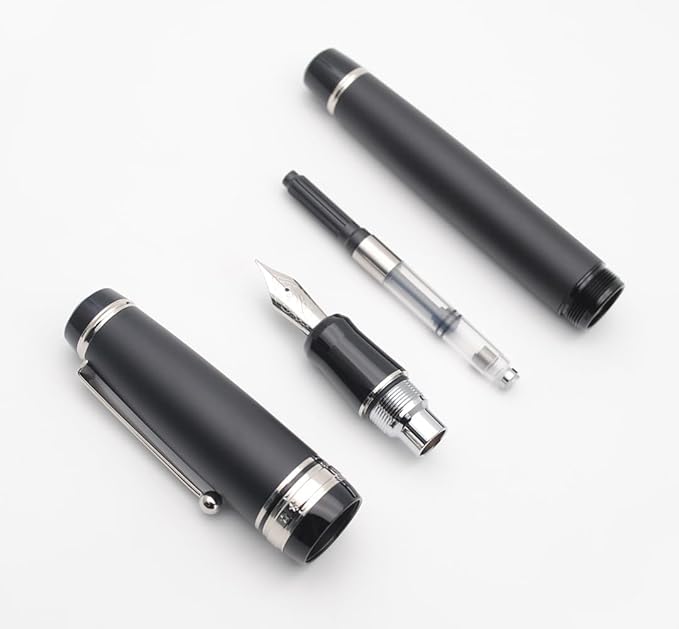 xixixiaozhu Metal Big Fountain Pen Set Medium Nib 0.7mm, Includes Ink Refill Converter, 5 Ink Cartridges & Gift Box (Medium Nib 0.7mm, Matte Black with Silvery Clip)