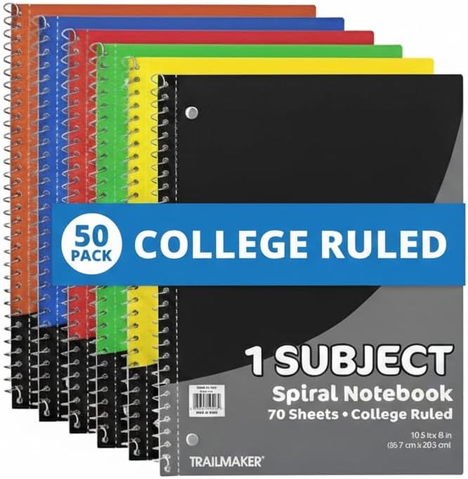 Trail maker Bulk Notebooks (50 Pack), One Subject Notebooks Wide Ruled, 70 Sheets,Spiral Bulk Notebooks for Kids, School Supplies, Journaling, Note Taking, Students, and Work