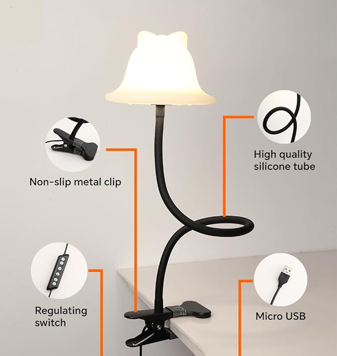 Rdzoko Clip On Light and Bed Reading Light, Clip on for Desk, Bedside Lamps for Dorm, College Dorm Room Essentials, Night Light for Kids Nursery, Multicolor LEDs, Adapter Included
