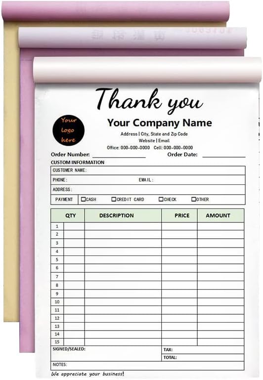 Custom Carbonless Sales Invoice Form Books for Small Business, Personalized NCR 3-Part Receipt Book with Carbon Copies, Cover Add Company Name, Address and Number Printed