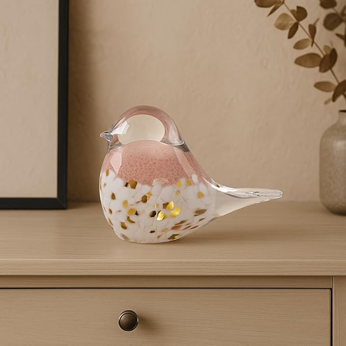 WUBIANJIE Hand Blown Glass Bird Statue Collectible Animal Art Paperweight, Living Room Bedroom Bookshelf Coffee Table Small Ornaments Shelf Home Decoration (Pink)