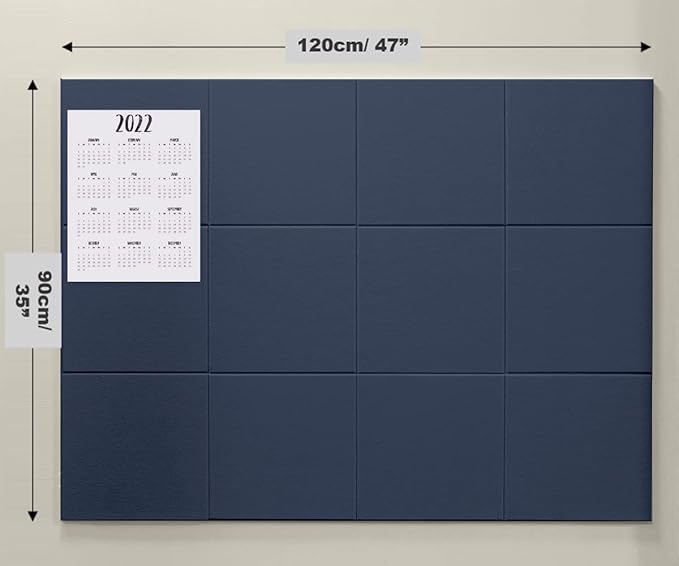DECORITA Blue Felt Bulletin Board 47"x35" | Large Cork Bulletin Board Alternative for Office, Home & Classroom | Felt Wall Tiles (12-Pack) | Blue Classroom Decor Office Supplies | Dark Blue
