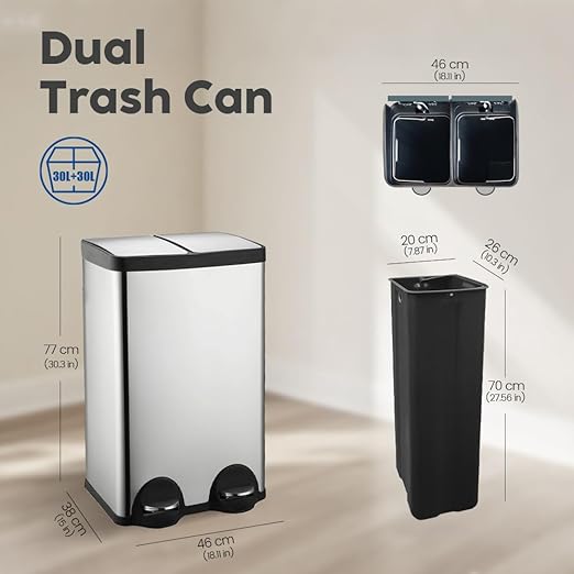JM ·YIPENG Kitchen Trash Can, 2 x 8 Gallon (2 x 30 L) Recycling Bin with Lid, Double Trash Can, Soft-Close Foot Pedal, 2 Compartments Garbage Cans for Kitchen, Dual Trash Cans, Silver