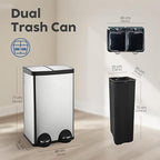 JM ·YIPENG Kitchen Trash Can, 2 x 8 Gallon (2 x 30 L) Recycling Bin with Lid, Double Trash Can, Soft-Close Foot Pedal, 2 Compartments Garbage Cans for Kitchen, Dual Trash Cans, Silver