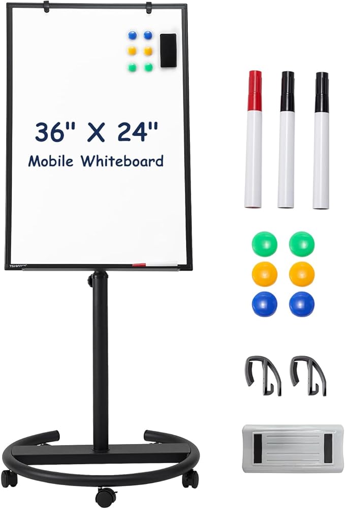 TSJ OFFICE Mobile Whiteboard Standing - 36 X 24 Inches Magnetic Rolling White Board, Height Adjustable Dry Erase Board on Wheels with Flip Chart Hooks, Black