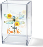 Vgrti Just Breathe Acrylic Cosmetic Pencil Pen Holder Cup, Inspirational Dragonfly Desk Organizer Accessories for Home Office Decor, Motivational Encouragement Gifts for Women Girl Coworker Teacher