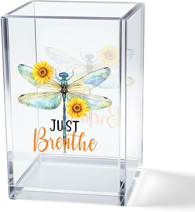 Vgrti Just Breathe Acrylic Cosmetic Pencil Pen Holder Cup, Inspirational Dragonfly Desk Organizer Accessories for Home Office Decor, Motivational Encouragement Gifts for Women Girl Coworker Teacher