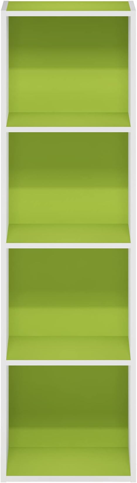 Furinno PASIR Book Shelf, 4-Tier Modern Bookshelf, Open Shelves Bookcase 9 x 12 x 42, for Living Room, Bedroom, Home Office, Green/White