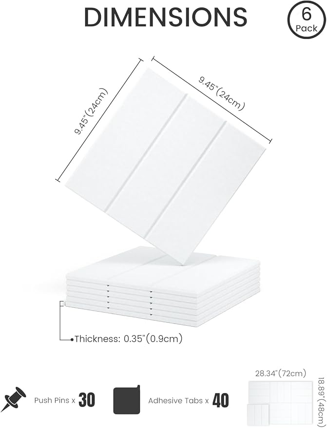 Fluxynara Felt Bulletin Board Tiles -28"x18" with 40 Adhesive Tabs, Cork Board Alternative for Office Decor, Push Pin Board Wall Organizer 6-Pack (Cold White)