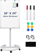 TSJ OFFICE Mobile Whiteboard Standing - 36 X 24 Inches Magnetic Dry Erase Easel, Height Adjustable Rolling White Board on Wheels with Flip Chart Hooks, White