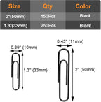 Vinaco Paper Clips Black, 400PCS Medium and Jumbo Paper Clips (1.3 inch & 2.0 inch), Durable & Rustproof, Coated Paperclip Great for Office School and Personal Use(Black)