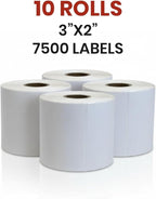 3" x 2" Direct Thermal Labels Roll, 10 Rolls (7,500 Labels), Compatible with Zebra,Rollo, MUNBYN, POLONO, IDPRT Printer,Strong Adhesive Perforated Label Rolls for Packages,Barcodes & Office Use