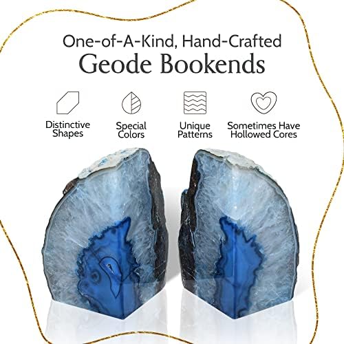 Nature's Decorations Blue Agate Bookends – A+ Grade Geode Heavy Duty Decorative Stone Crystal for Shelves & Bookcases, Natural Polished Bookshelf Decor, 1 Pair 4-6Lbs