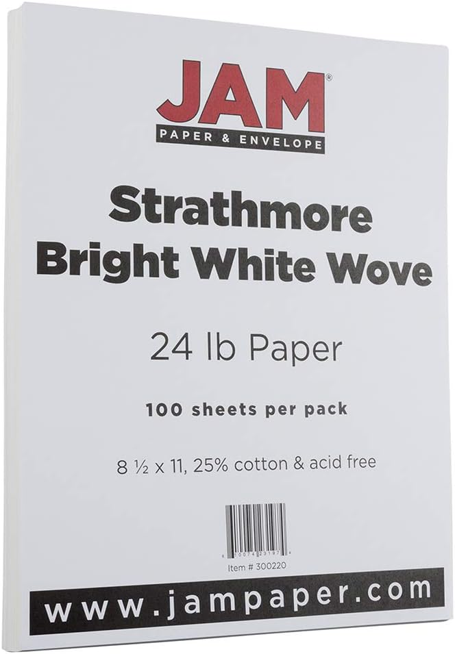 JAM PAPER Strathmore 24lb Paper - 90 gsm - 8.5 x 11 - Bright White Wove - 500 Sheets/Ream