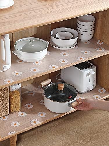 Daisy Shelf Liner for Kitchen Cabinets – Non-Adhesive, Non-Slip Drawer & Refrigerator Liner – Waterproof, Washable Cabinet Mat Floral Pattern, Easy to Cut & Install – Fits Pantry, Bathroom, Office