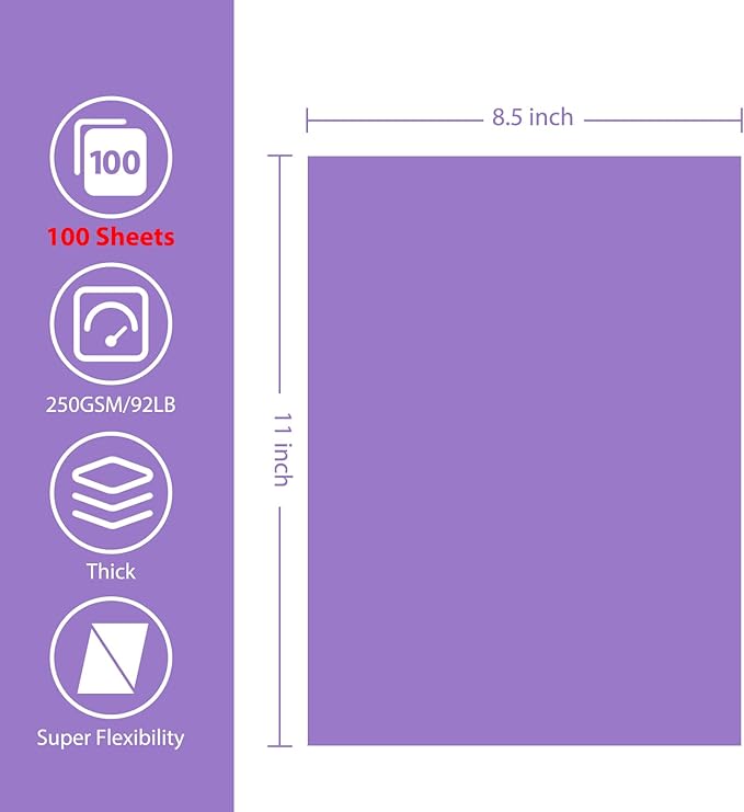 OcePor 100 Sheets Purple Cardstock Paper, Colored Printer Paper 8.5 x 11, Card Stock Thick Construction for Craft,Scrapbook，Office Printing, Invitations, Certificates，92 lb/250gsm