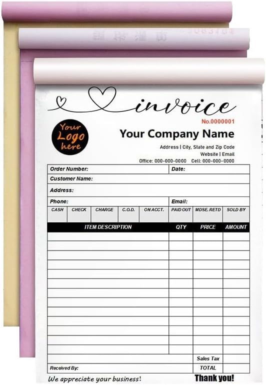 Personalized Invoice Book Custom 2 Part/3 Part Receipt Book Quote Estimate Order Forms Carbonless Form with Your Company Name Logo Address,2-10 Books (Style 18)