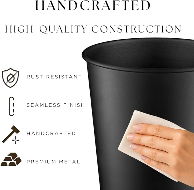 Monarch Abode Metal Bathroom Trash Can – Waste Basket for Bedroom, Office Desk, & Dorm, Handcrafted, Durable Decorative Black Small Trash Can Bathroom Garbage Bin Wastebasket