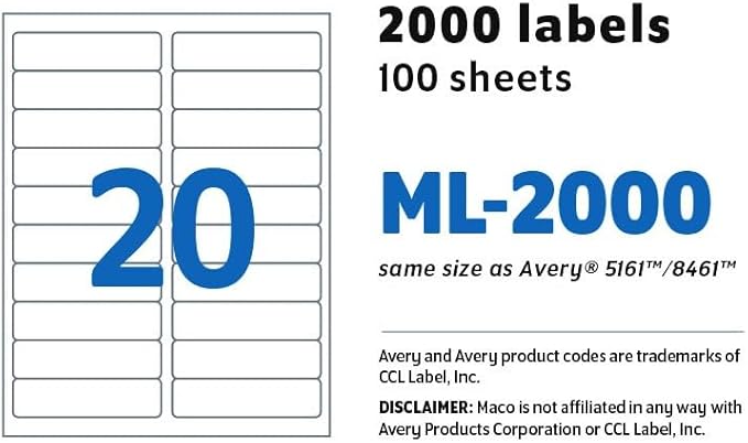 MACO COVER-ALL Printable Labels for Shipping - Laser/Ink Jet Compatible Shipping Labels, 20 per Sheet, 1" x 4", Box of 100 Pages/2000 Labels, White