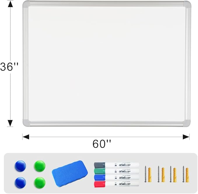 DEVELOP Large Magnetic Dry Erase White Board 60 x 36 Inches, Wall-Mounted 5' x 3' Whiteboard for Home Office School, Silver Aluminium Frame with Detachable Marker Tray, 4 Markers 1 Eraser 4 Magnets