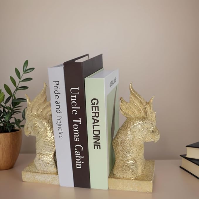JOOMBE Golden Parrot Decorative Bookends,Set of 2 Cute Bird Animal Sculpture Book Ends to Hold Hevay Duty Books,Unique Resin Statues Book Stopper for Home Office Desk Bookshelf Decor