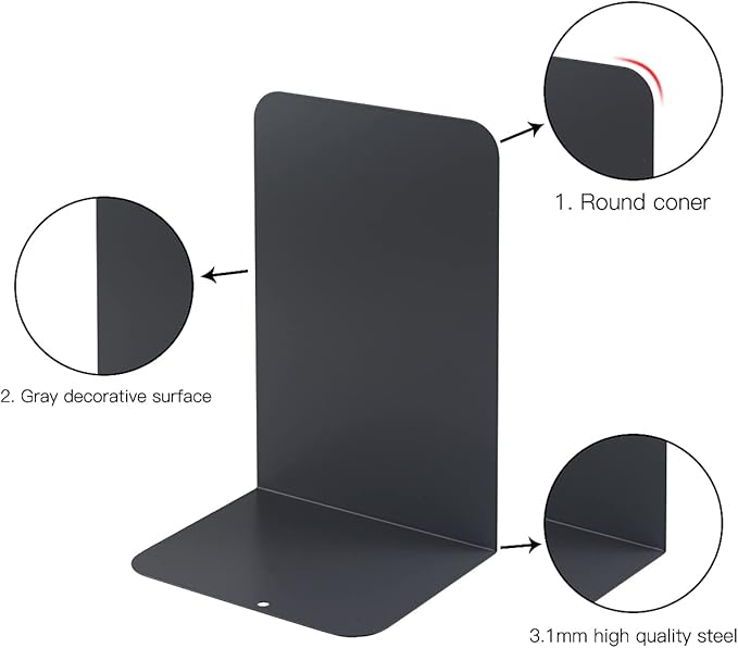 MSDADA Black Metal Bookends (6pcs, 3 pairs) for Book Shelves, Office, Heavy Books, Modern Minimalist Style