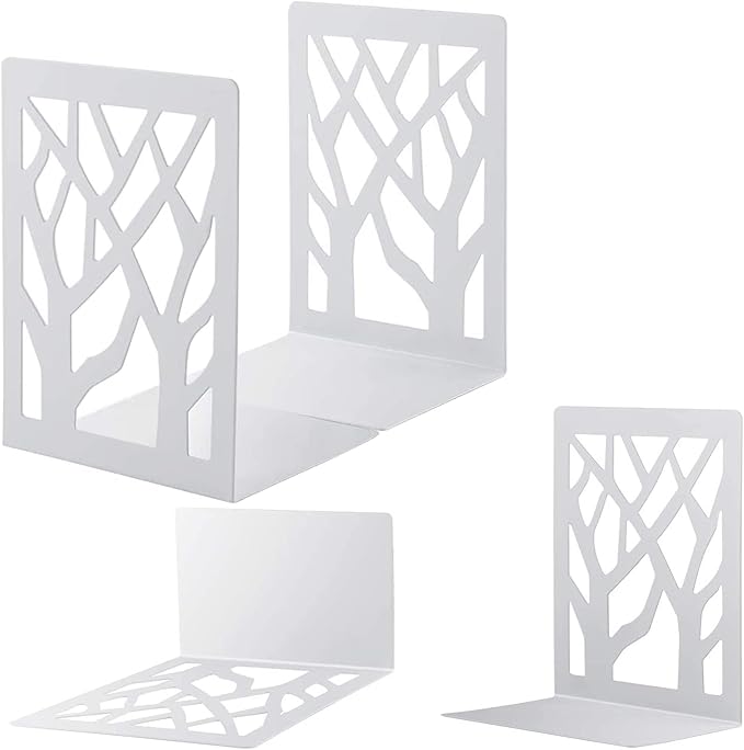 MSDADA Book Ends, Bookends, Book Ends for Shelves, Bookends for Shelves, Book Ends for Heavy Books, Book Shelf Holder Stand for Home Decorative，Metal Bookends Stoppers, White(2 Pairs)