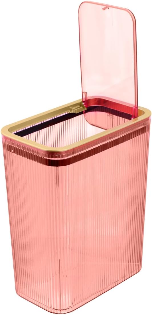 Glad Bathroom Trash Can, 2.6 Gallon (10L) - Slim Plastic Waste Basket with Pop-Up Lid and Bag Ring - Colored Clear Trash Can for Bedroom, Office, College Dorm - Blush