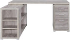 Pemberly Row L Shape Corner Storage Desk in Grey Driftwood, Letter/Legal File, 5 Bookshelves